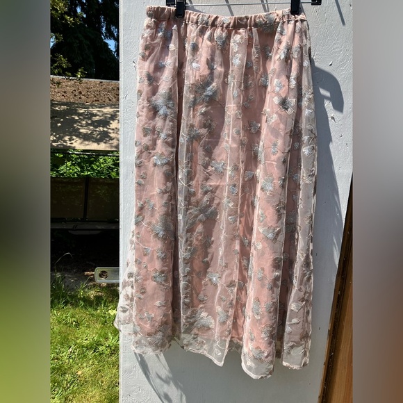 Anne Klein Floral Sequin Lace Mesh Elastic Waist Midi Skirt Pink Silver Sz L - Picture 6 of 15